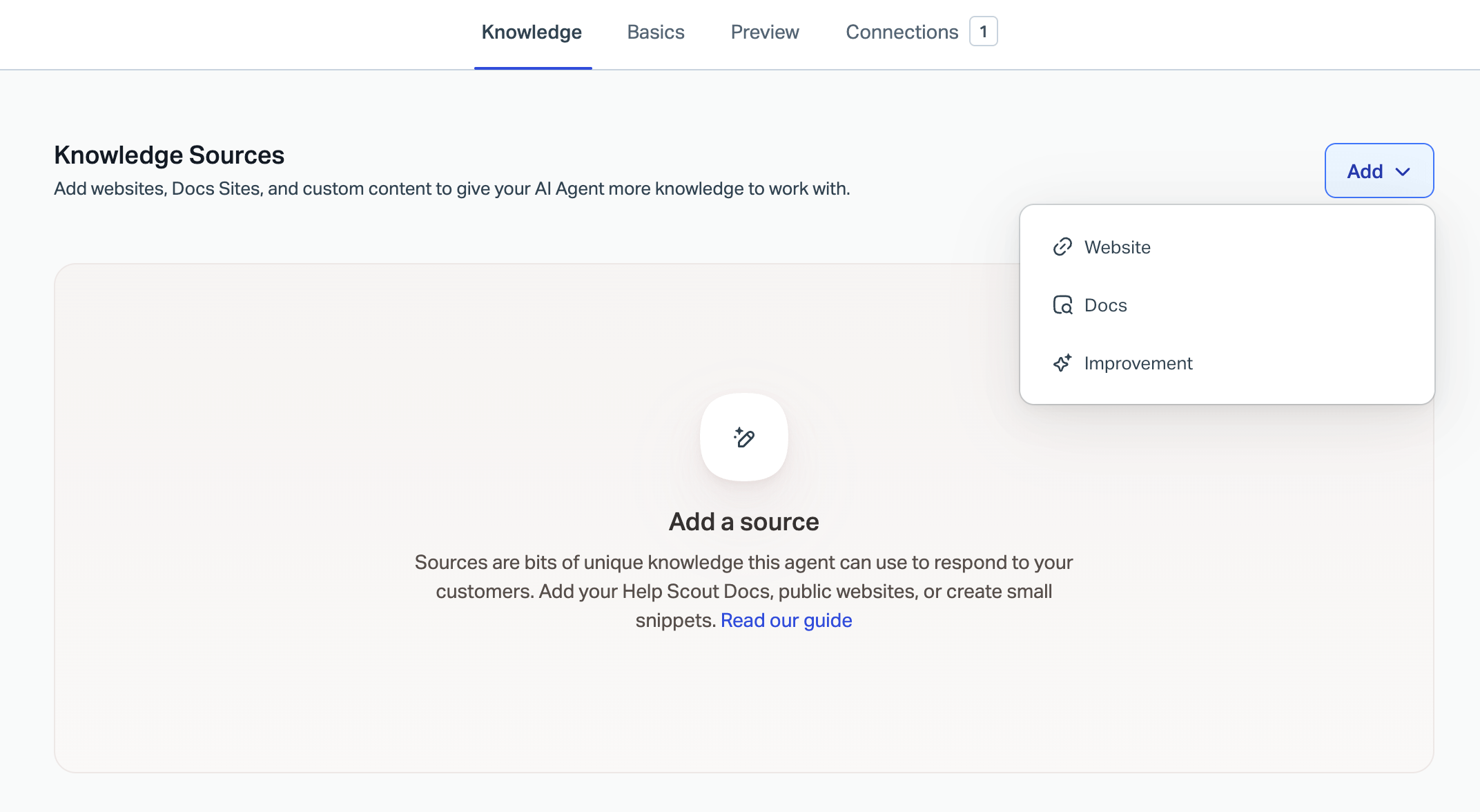 Help Scout AI Agent Knowledge Sources panel with Website, Docs, and Improvement options