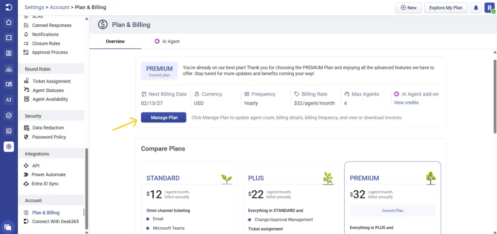 The Plan and Billing screen where agent counts are adjusted, as shown in Desk365's billing documentation