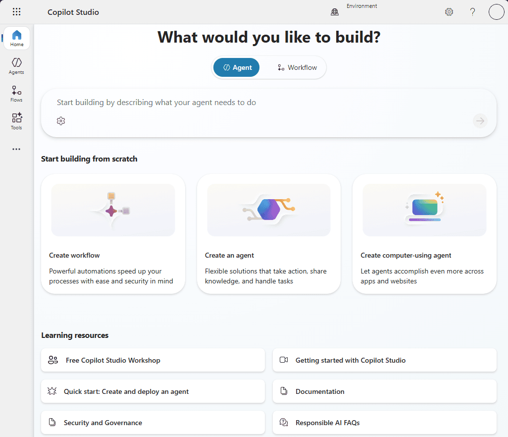 Copilot Studio home page showing the agent build interface