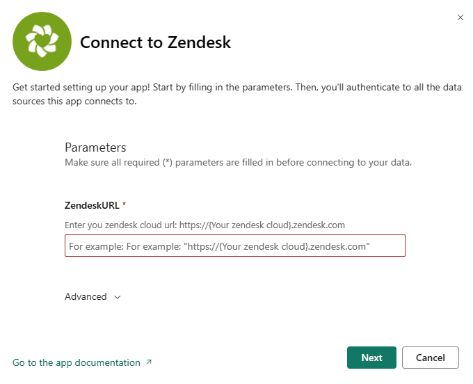 Power BI Get Data dialog showing Zendesk connector selection