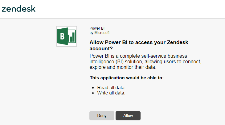 Écran de consentement d'autorisation OAuth Zendesk pour les autorisations Power BI