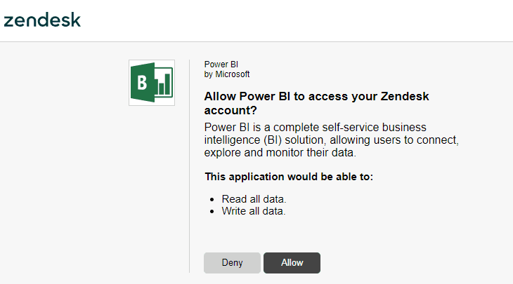 Zendesk OAuth authorization consent screen for Power BI permissions