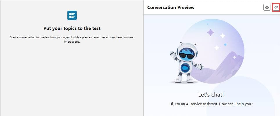 An agent testing interface showing the setup for conversation preview and agent action planning.