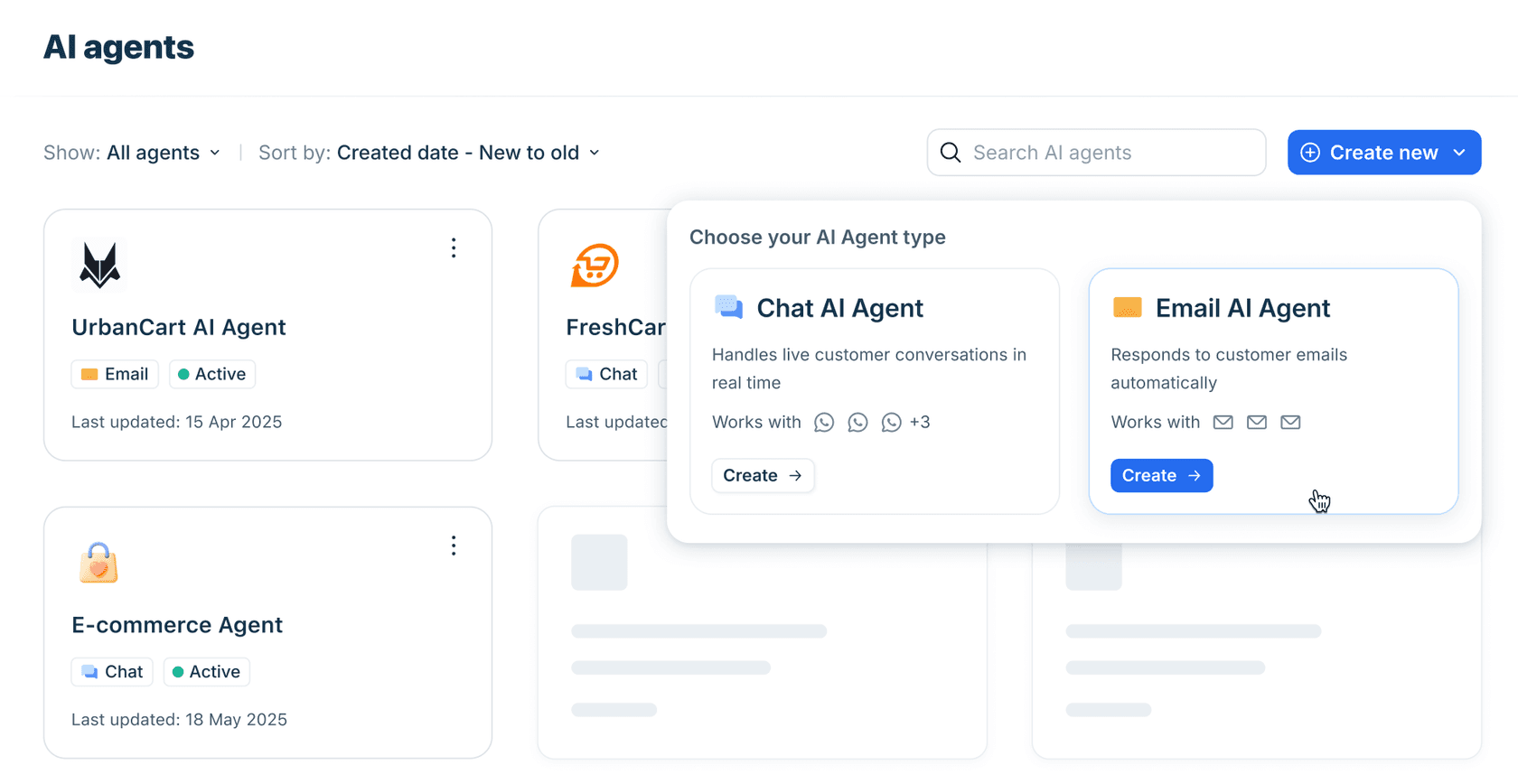 Freshworks AI Agent Studio showing the Email AI Agent creation option