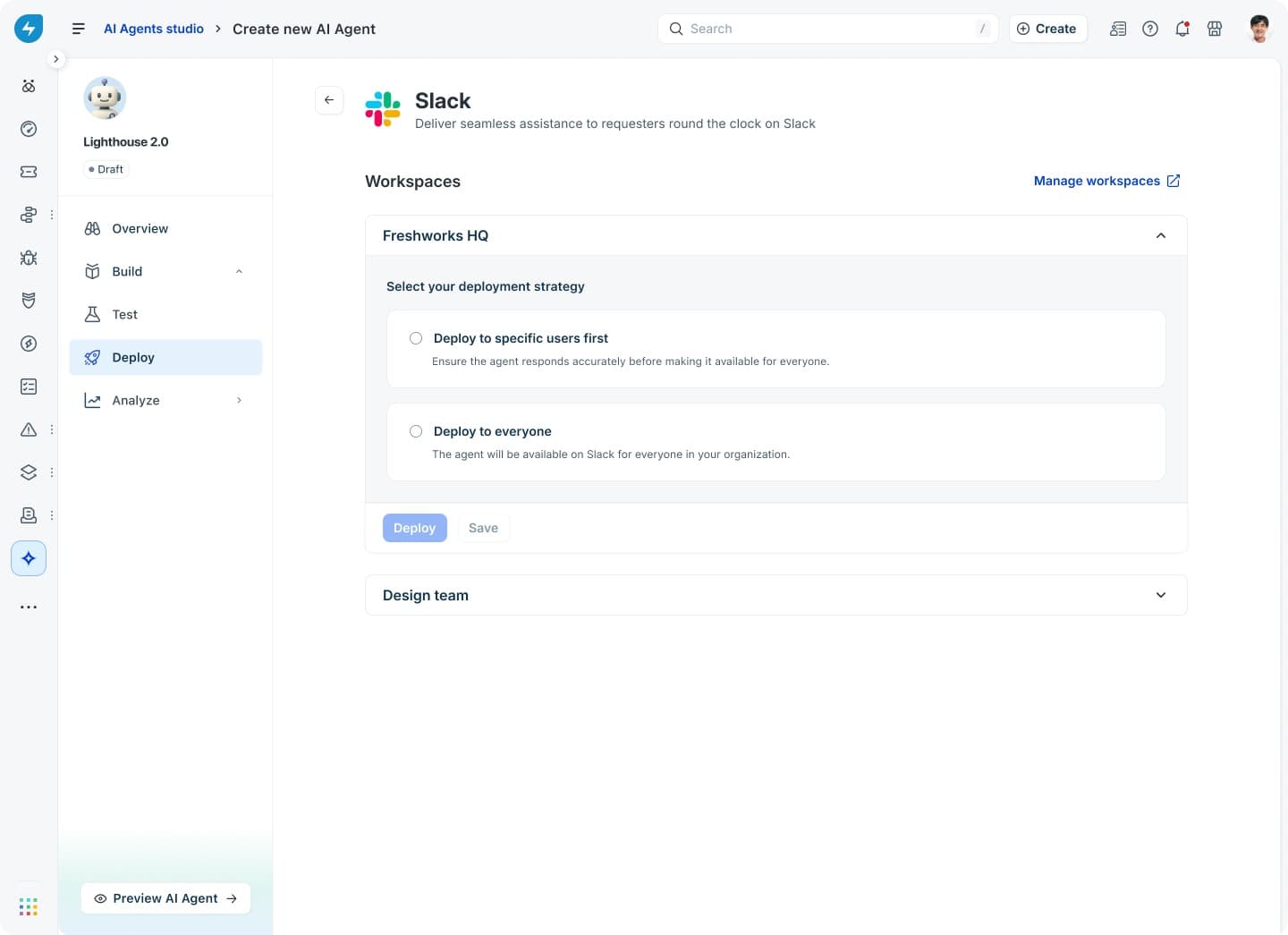 Freshservice AI Agent Studio Slack deployment screen with specific-user and everyone options