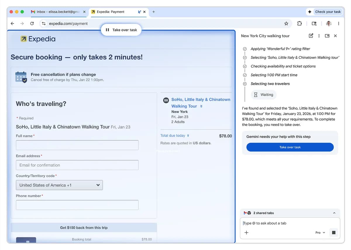 Chrome auto-browse asking the user to take over an Expedia booking in Google's demonstration.