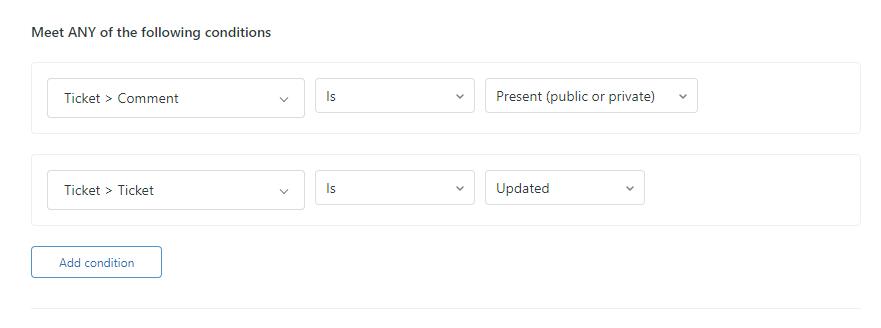 Zendesk's trigger conditions builder, showing options to define rules based on ticket comments and updates.