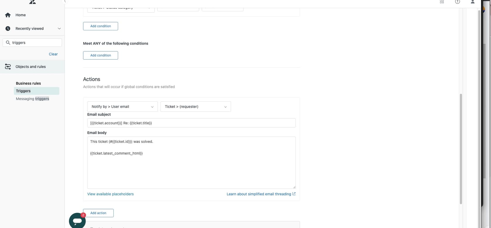 Zendesk Admin Center, das den Abschnitt Trigger im Menü Geschäftsregeln zeigt