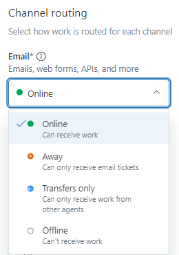 Configuration du routage des canaux Zendesk avec options de statut de l’agent