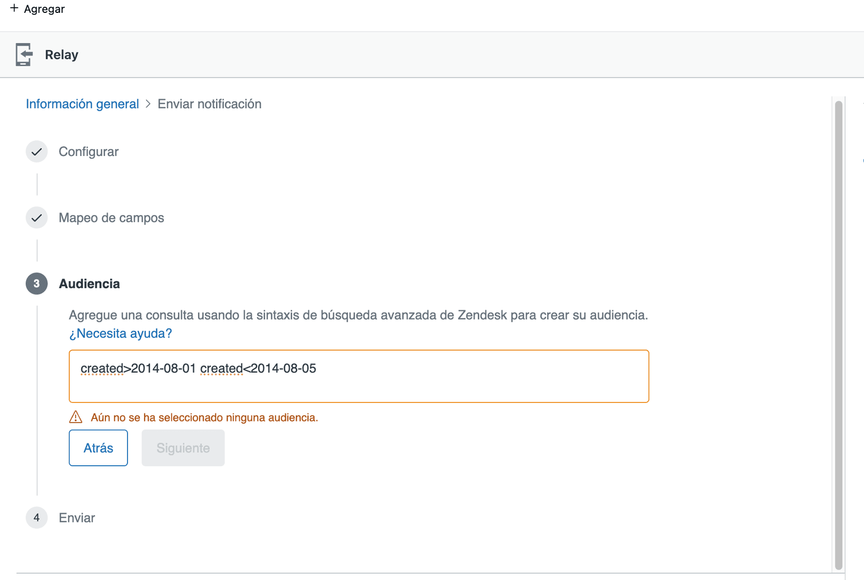 L’interface de recherche avancée de Zendesk pour définir une audience, démontrant les requêtes de plage de dates basées sur les propriétés.