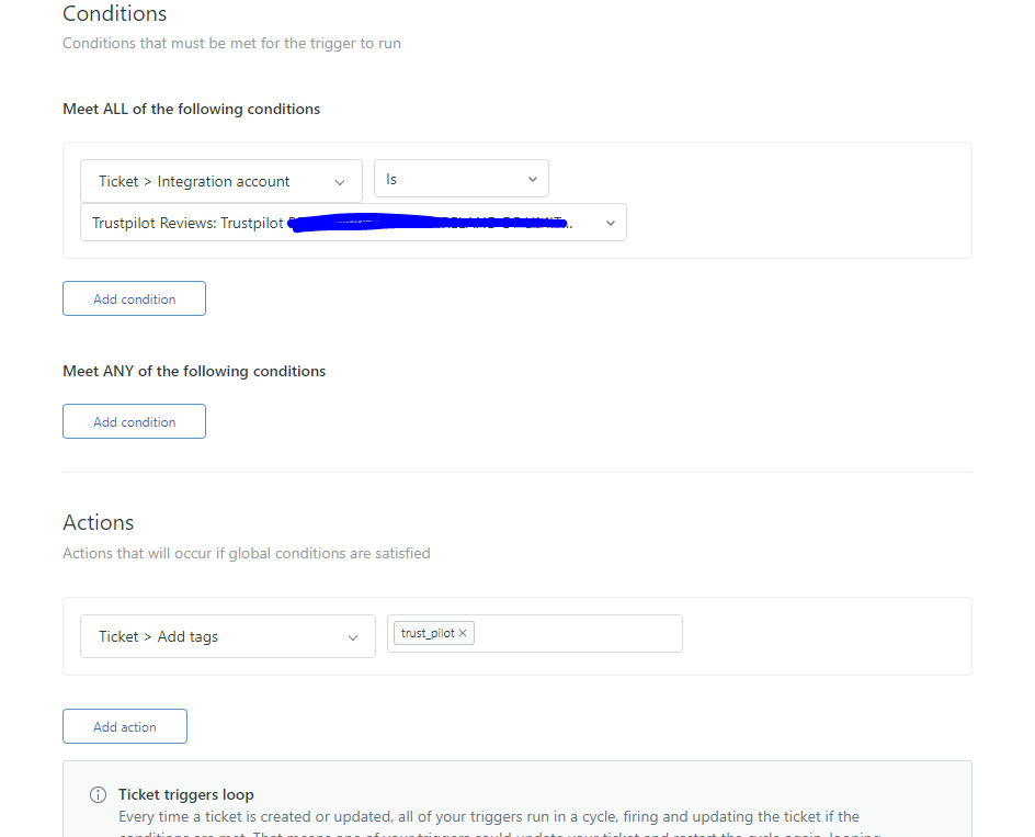 Zendesk trigger conditions panel with ALL and ANY condition options