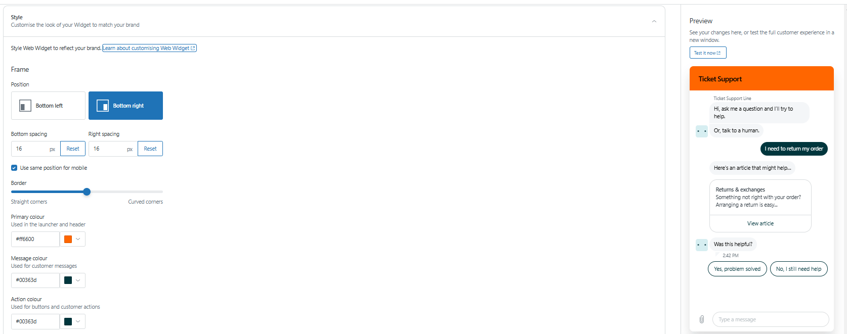 Zendesk Admin Center Style tab showing position, spacing, border, and color customization options
