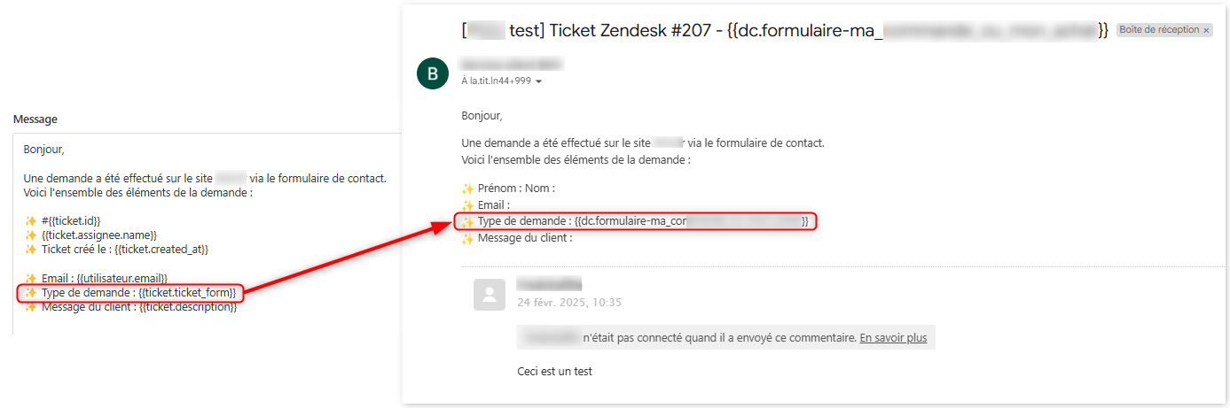 L'éditeur de modèles de messages de Zendesk affichant les balises de ticket et d'utilisateur disponibles, à côté d'un ticket en direct montrant ces variables en action.