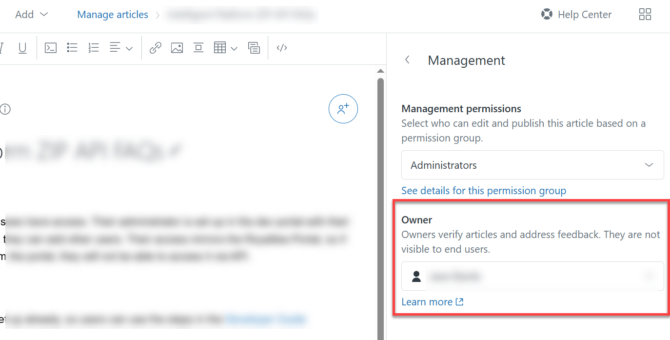 Interfaz de gestión de artículos de Zendesk con configuración de permisos de contenido