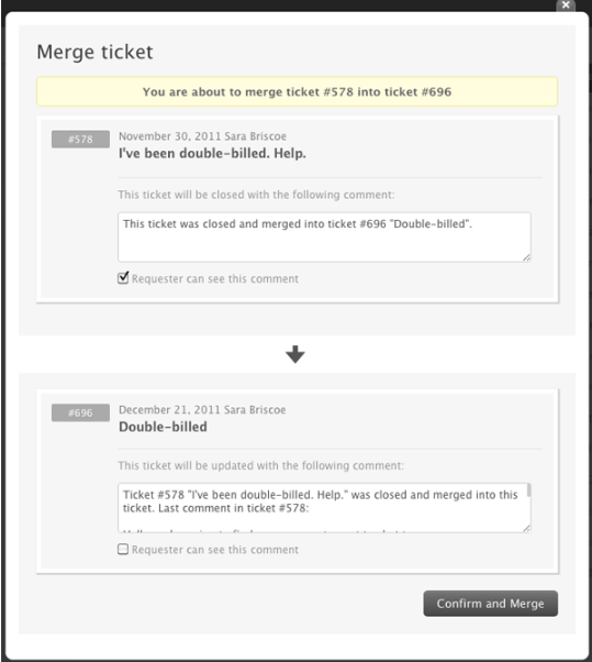 Boîte de dialogue de fusion de tickets Zendesk montrant le processus de combinaison de deux tickets de support