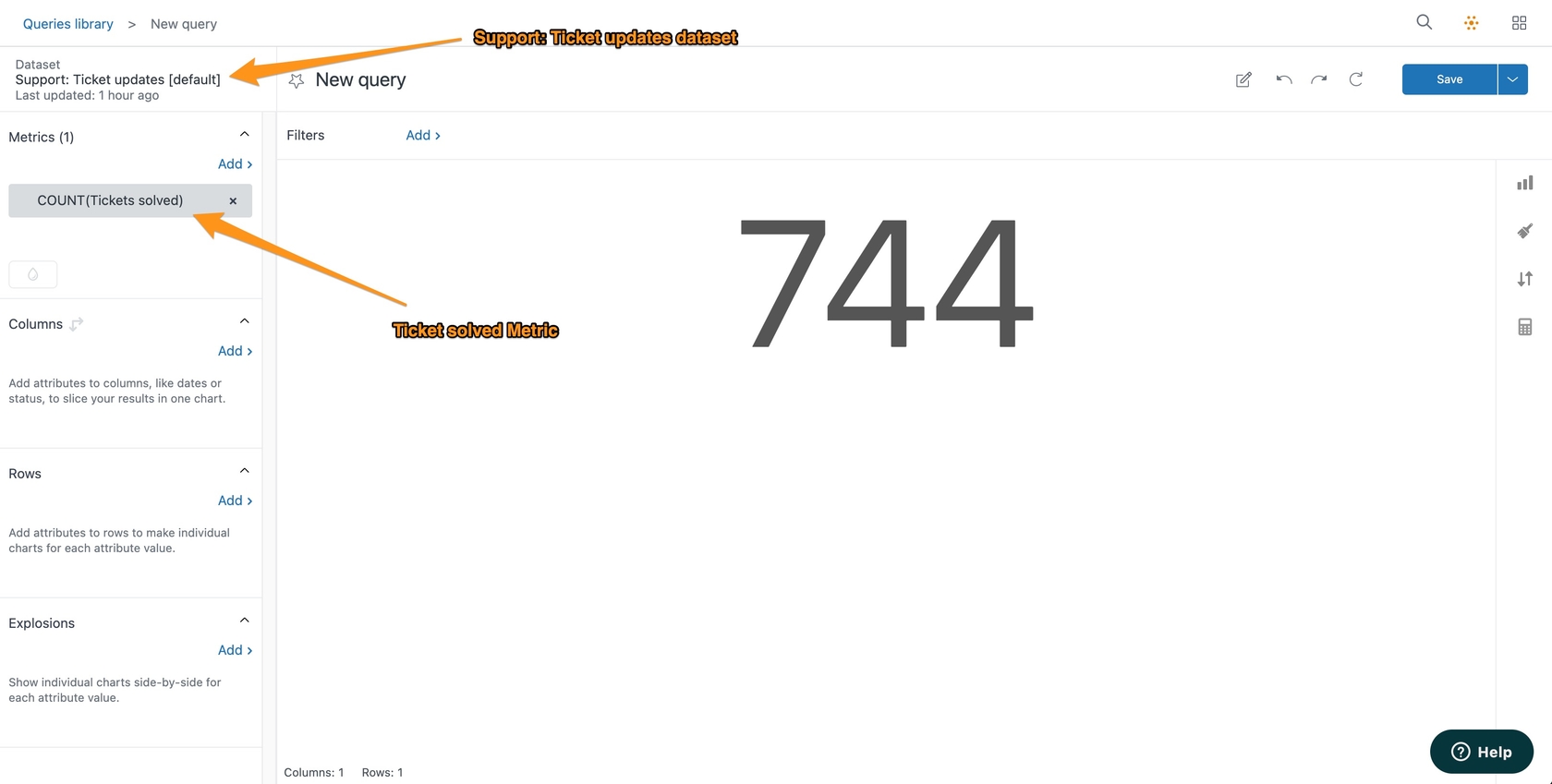 Zendesk Explore query builder interface showing report configuration
