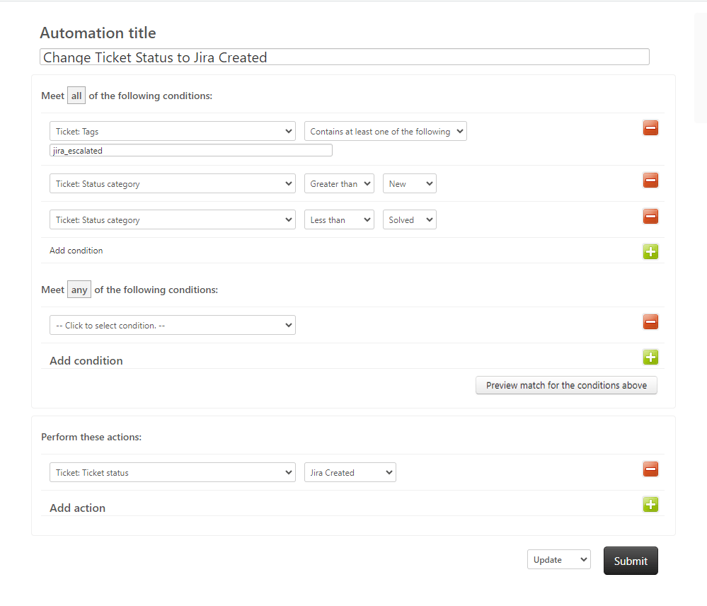Zendesk automation creation interface with conditions and actions