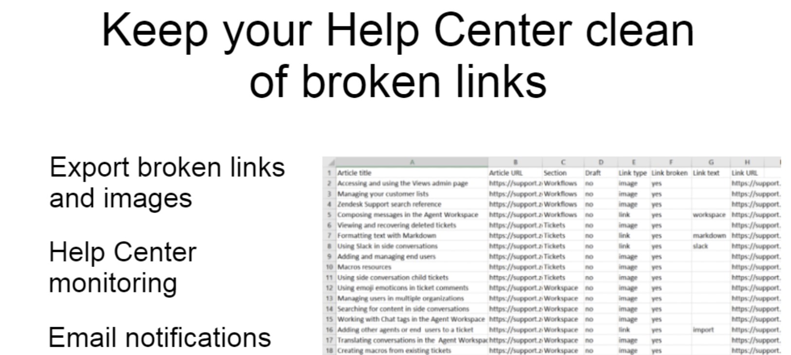 エクスポート機能によって生成された、リンク切れのステータスを含む記事データを表示するヘルプセンターのエクスポート。
