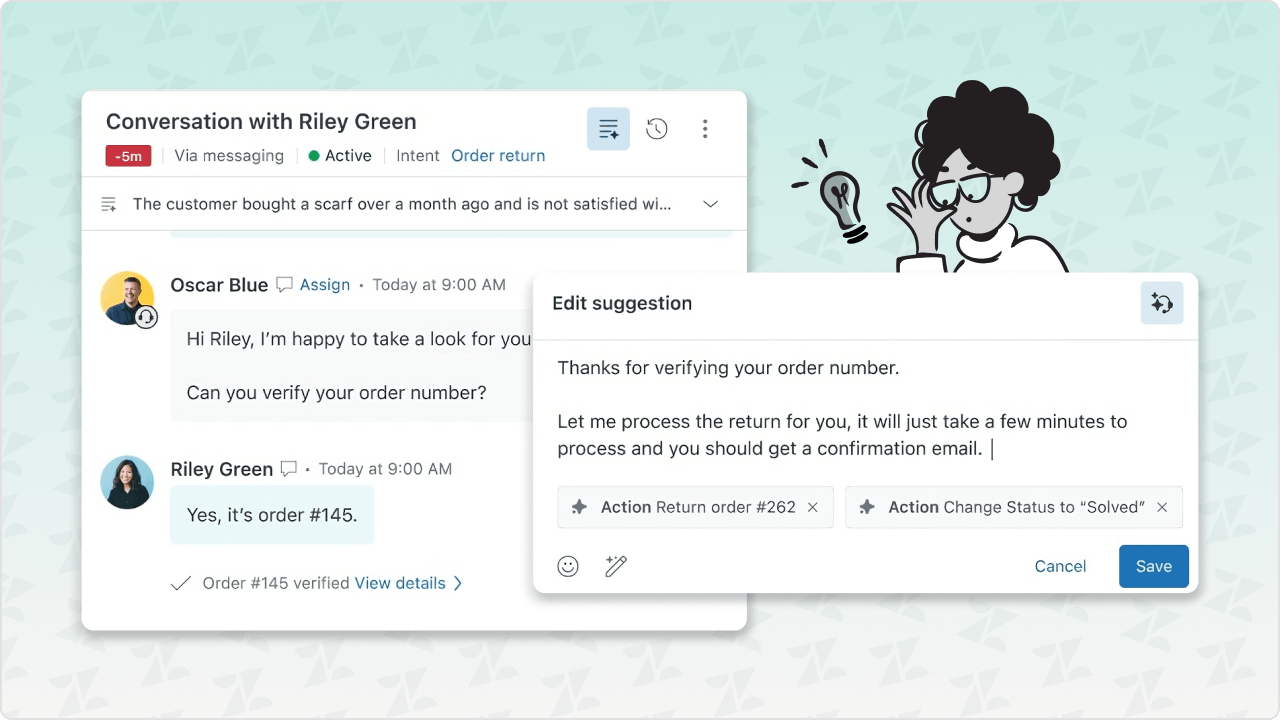 AI makes support easier by drafting replies and finishing tasks in a single step.