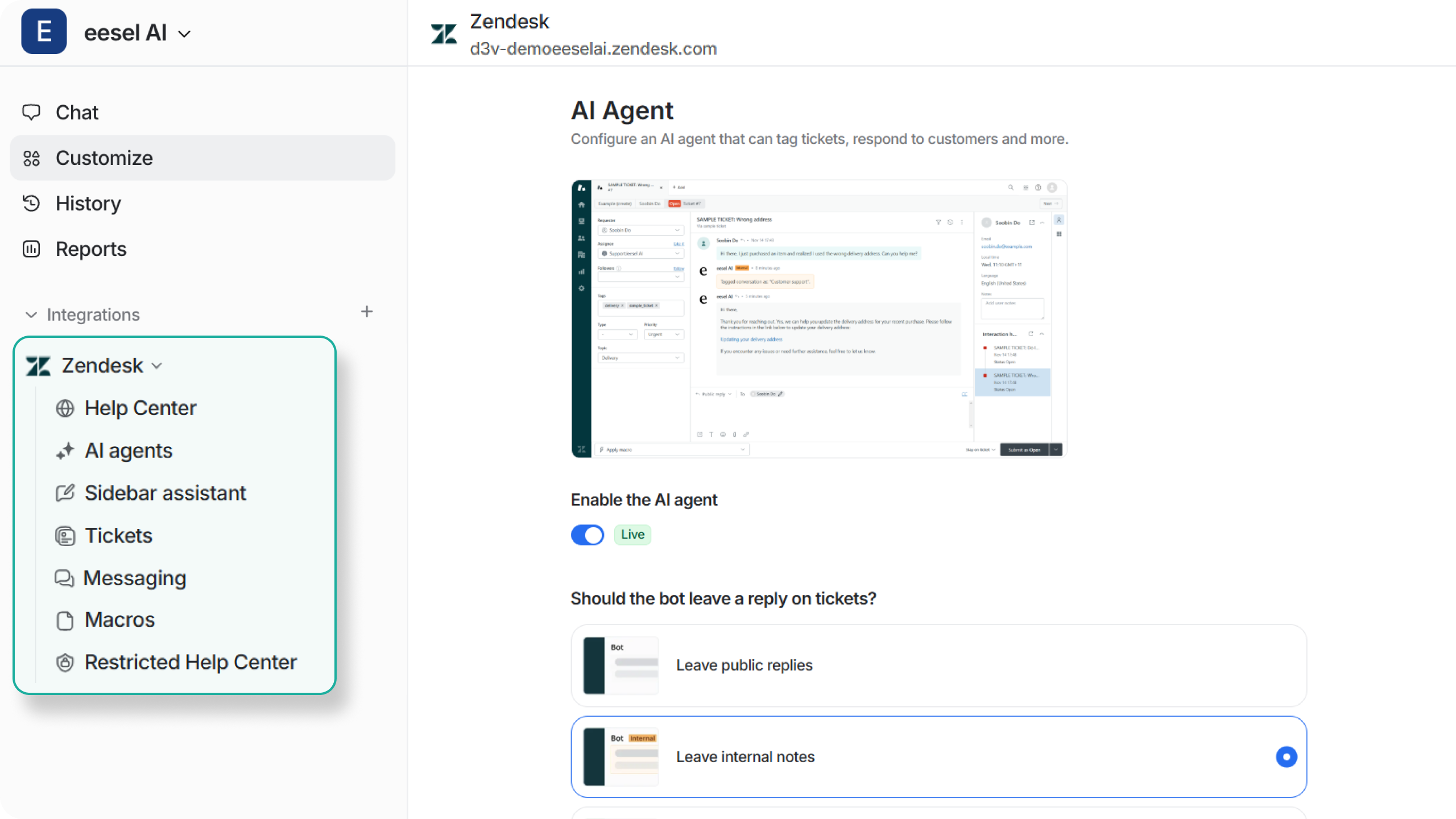 eeselはZendeskのためのプラグアンドプレイ統合です。