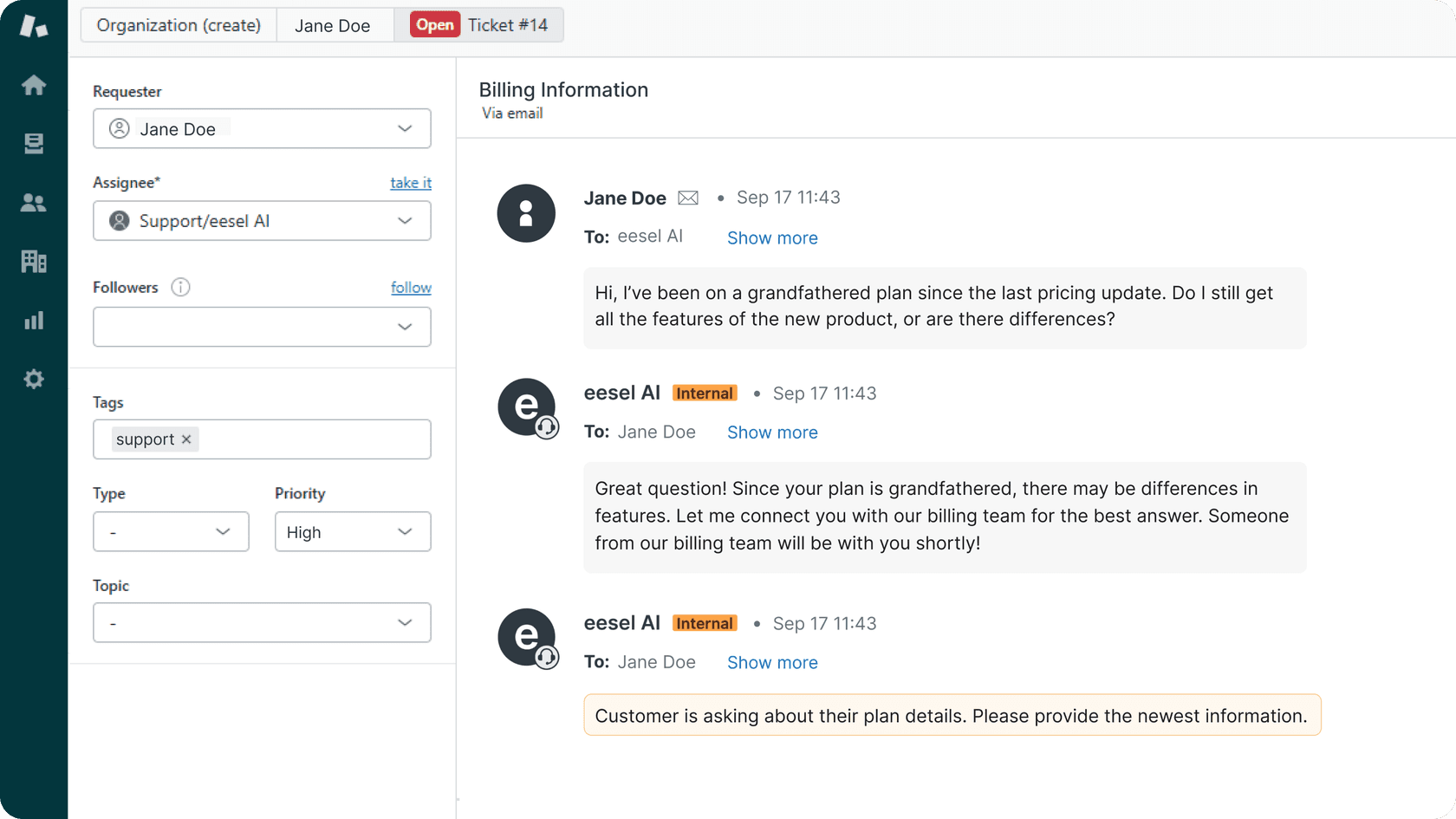 eesel AI escala un ticket a un agente humano.