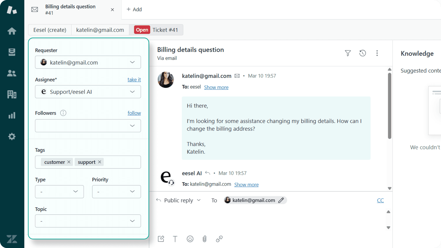 Panel de clasificación de Zendesk AI.