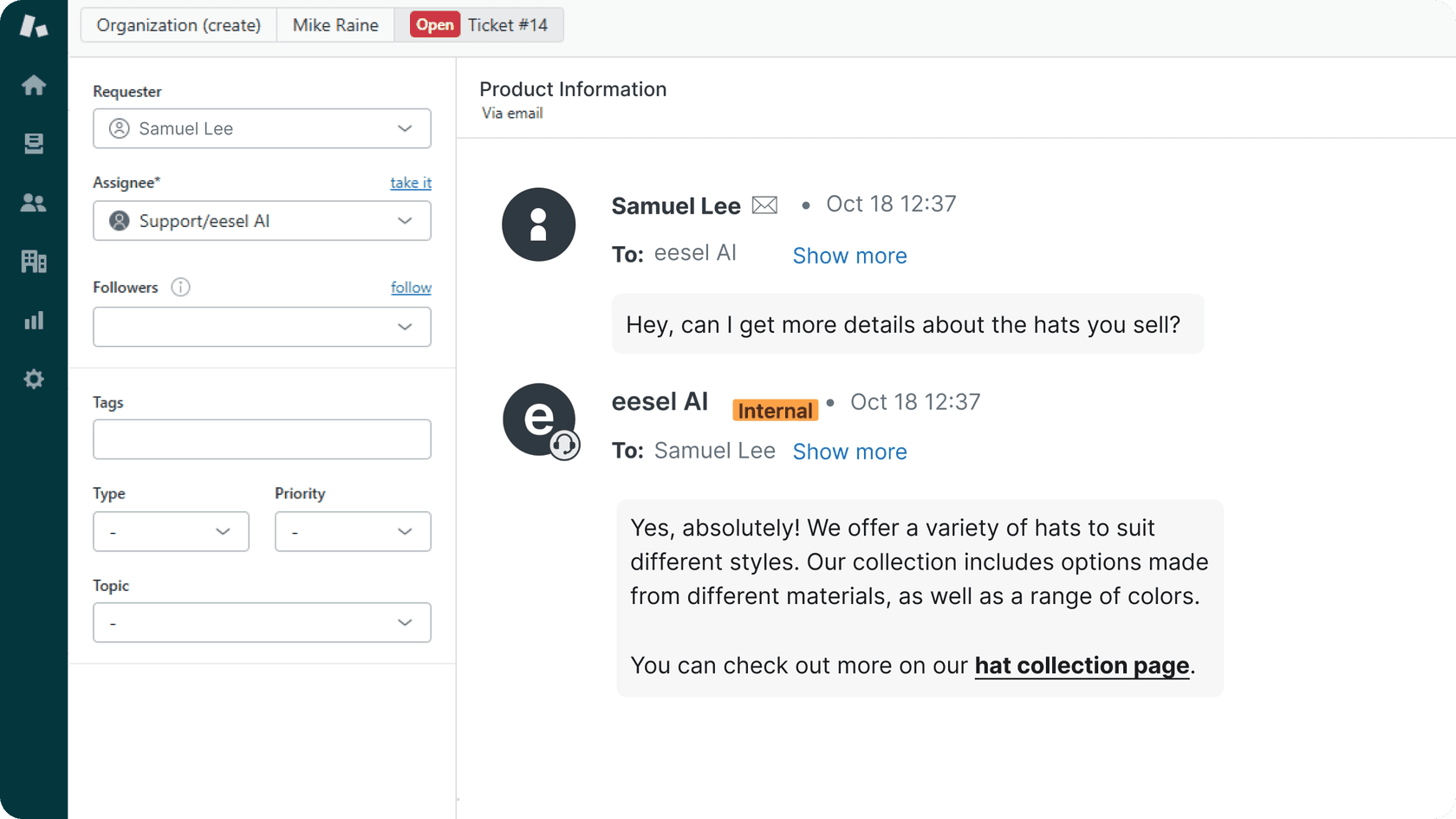eesel AI liefert Produktinformationen an Kunden.