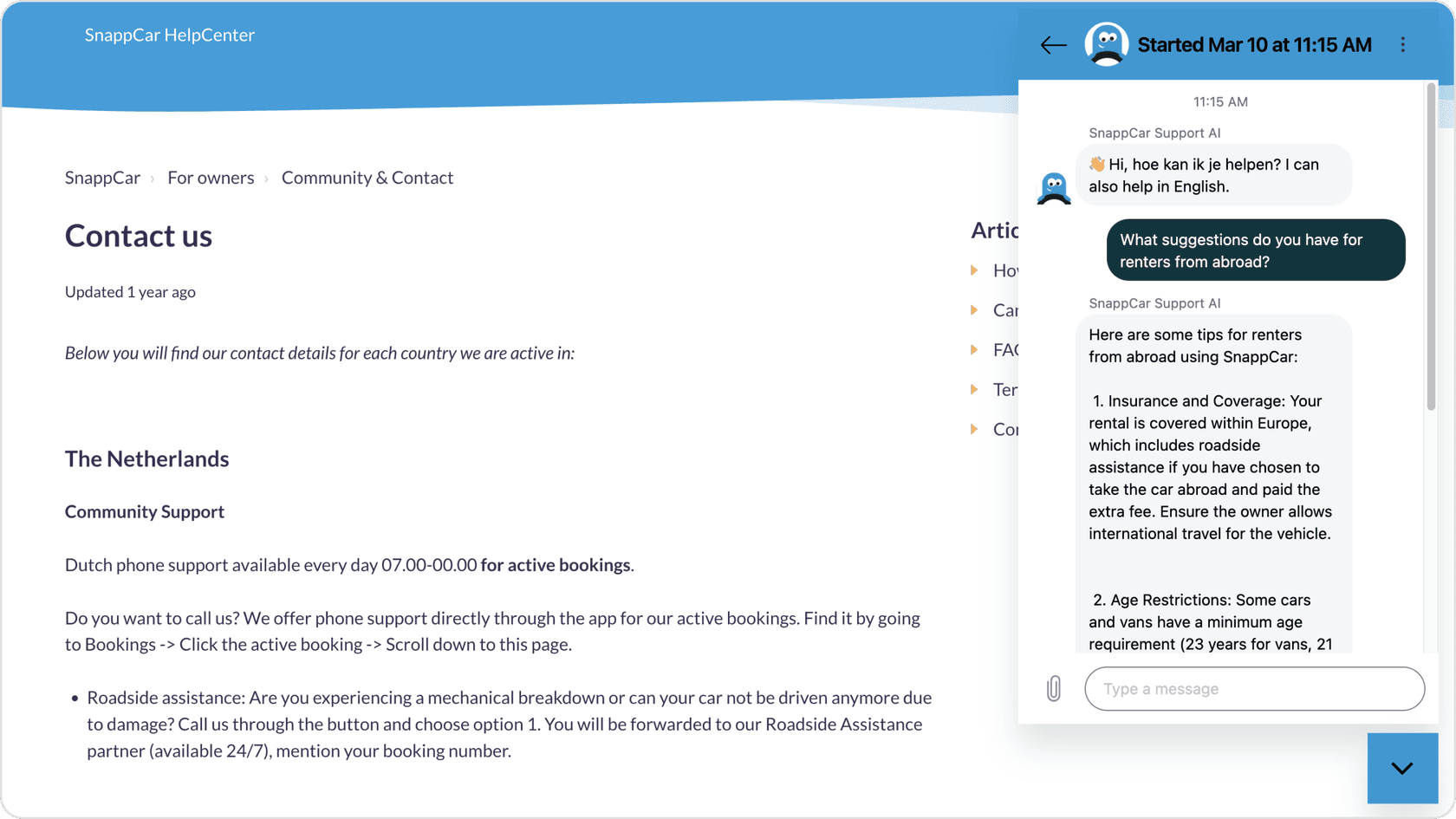 Chatbot de eesel AI en el centro de ayuda de SnappCar, mostrando sus capacidades multilingües.