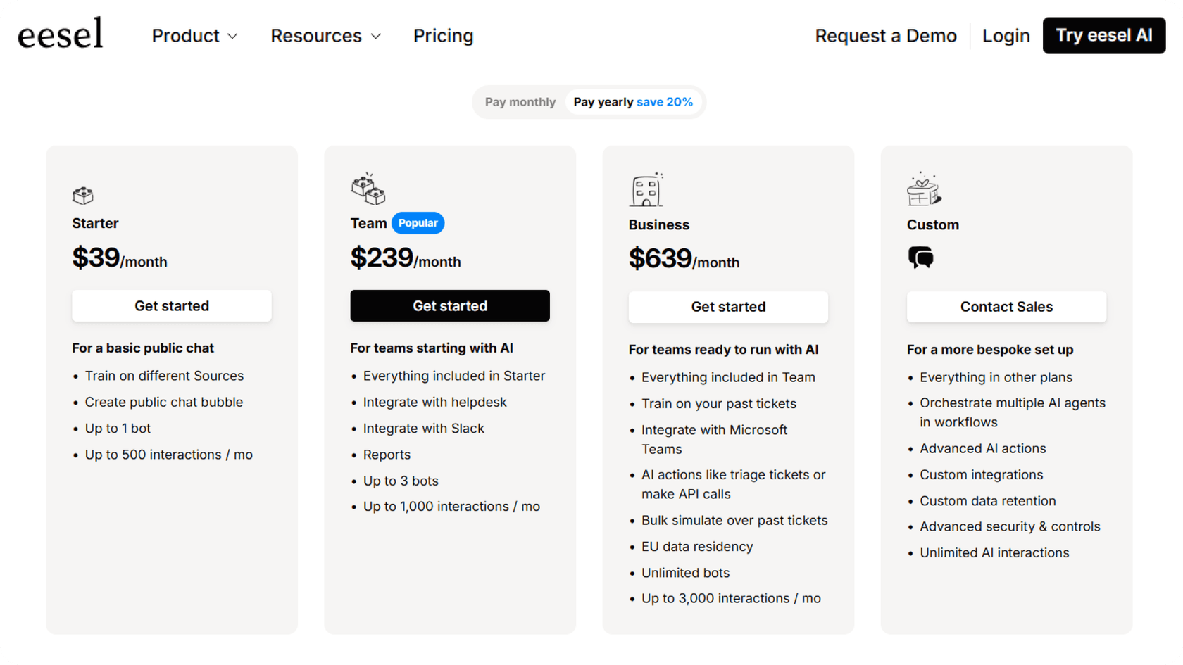 Visual da página de preços do eesel AI, contrastando com outros modelos na discussão Alhena AI vs Freshdesk Freddy AI.