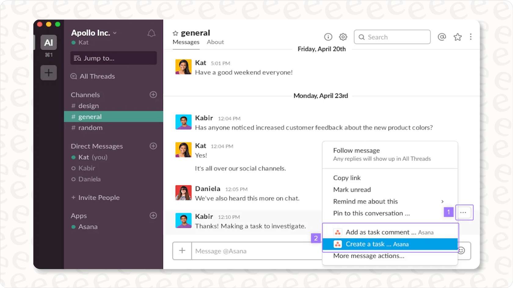 An example of Asana integrations with n8n, where a Slack message is turned into an Asana task to streamline communication.