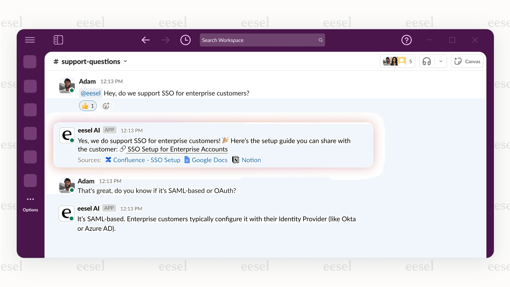 Screenshot of a Slack channel demonstrating a Slack AI chatbot providing an answer to a team member.