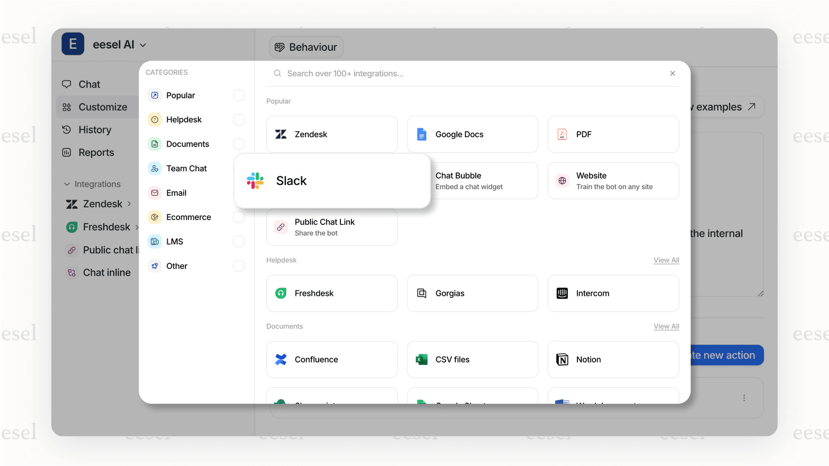Screenshot of the eesel AI dashboard showing how to connect knowledge sources to train the Slack AI chatbot.
