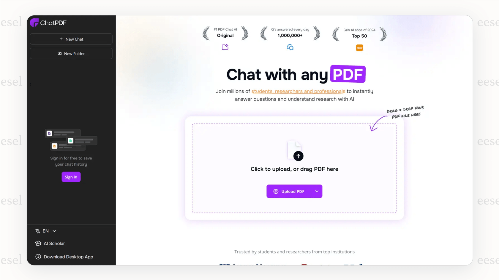 Screenshot of ChatPDF’s interface where users can upload and chat with their PDF documents.