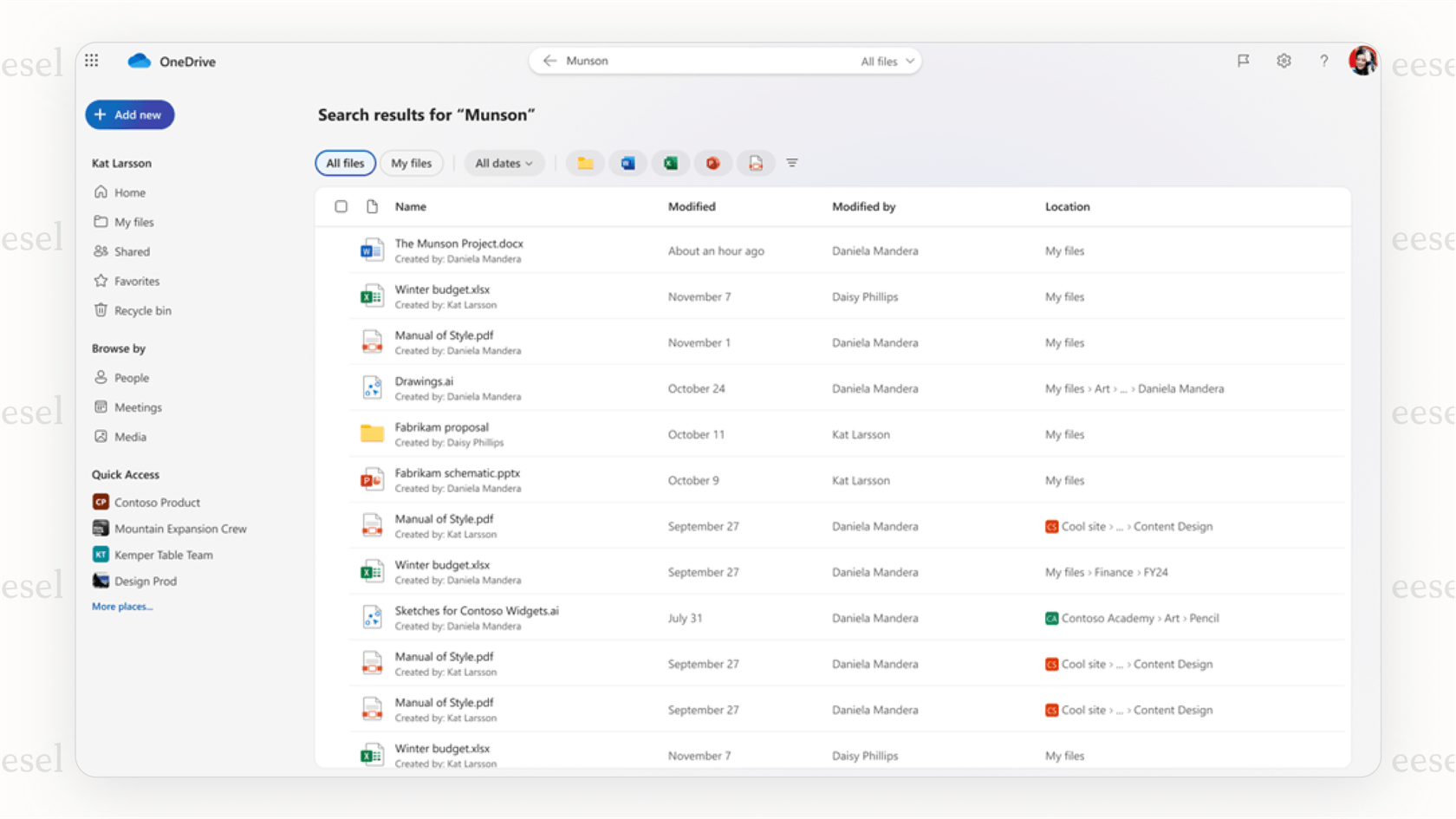 OneDrive AI natural language search example.