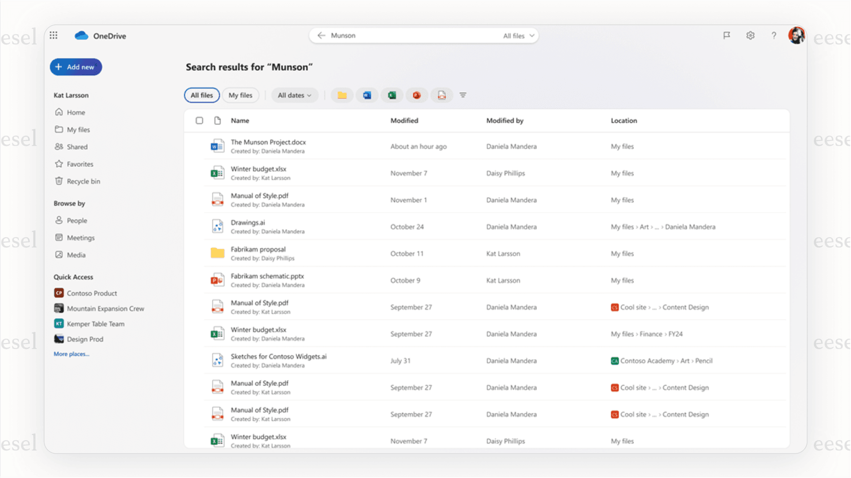 OneDrive AI natural language search example.