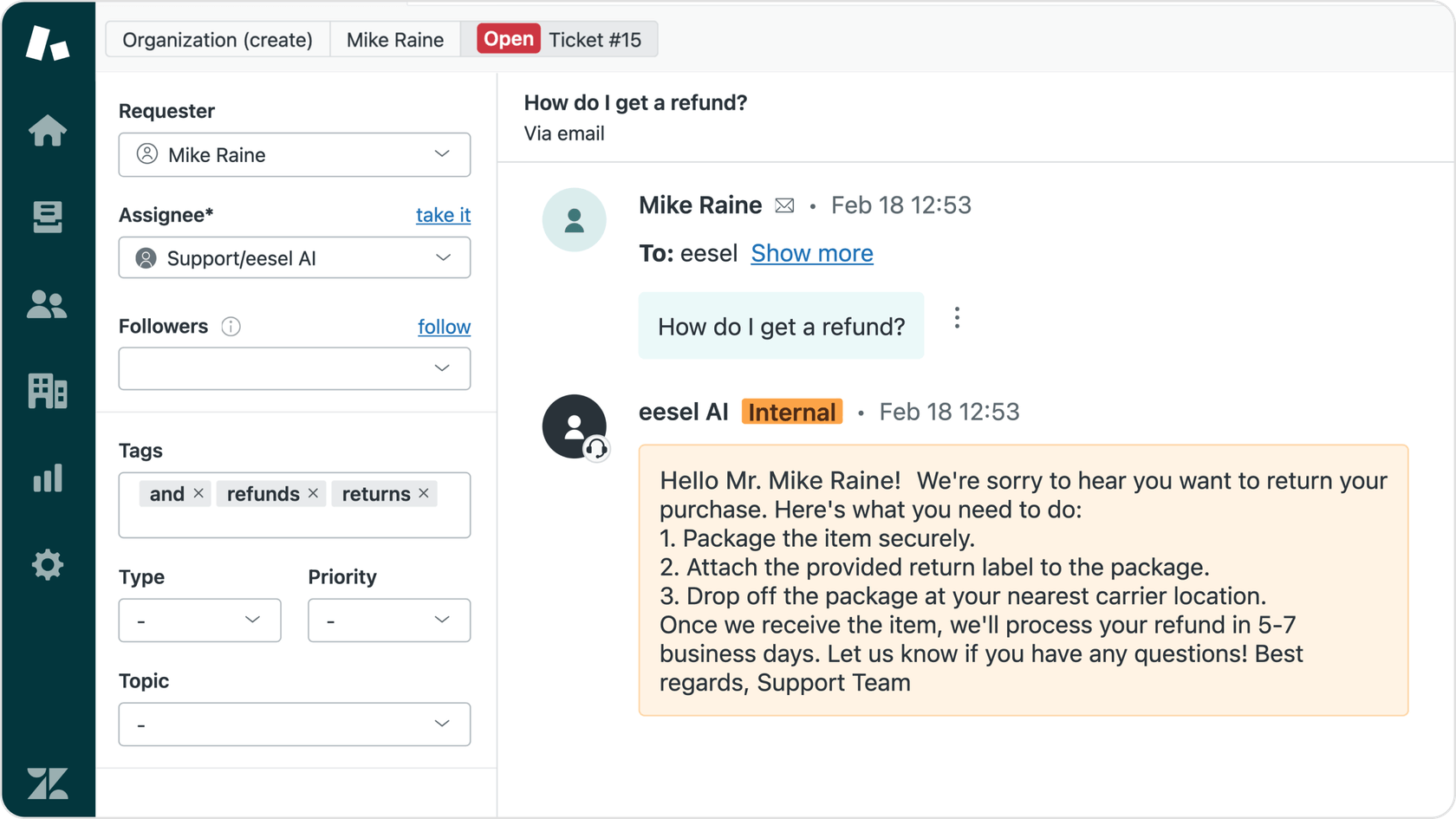 An image from a Grammarly AI review highlighting eesel AI's Triage for automated ticket management.