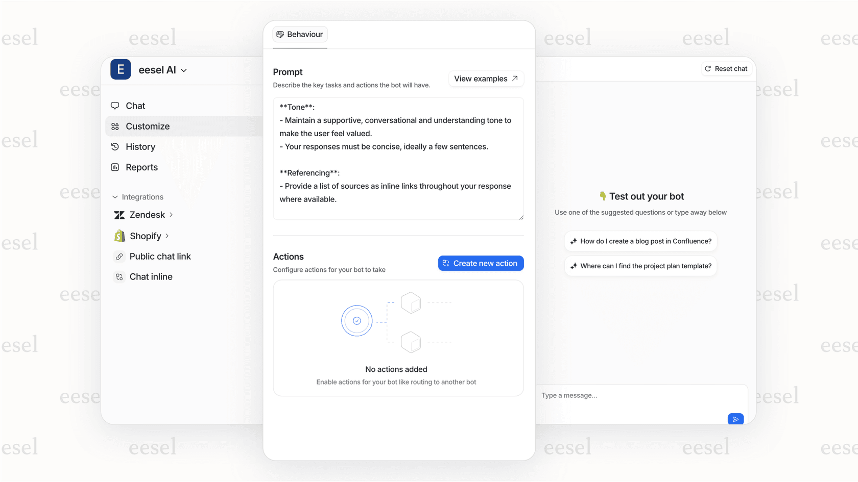 Screenshot of the eesel AI dashboard where you configure the behavior and actions of your Slack AI chatbot.