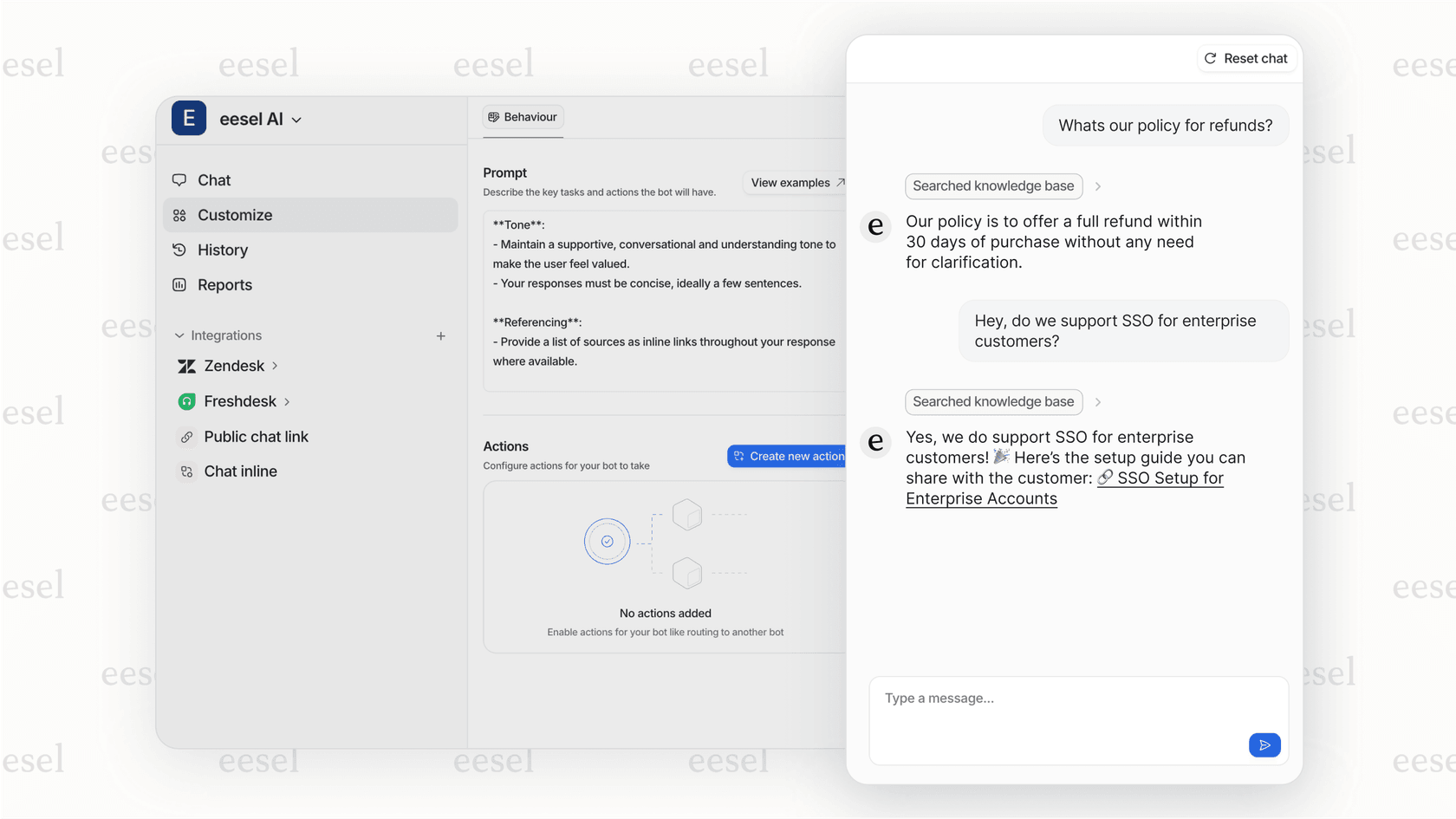 Screenshot of the eesel AI platform showing the testing interface for the Slack AI chatbot.