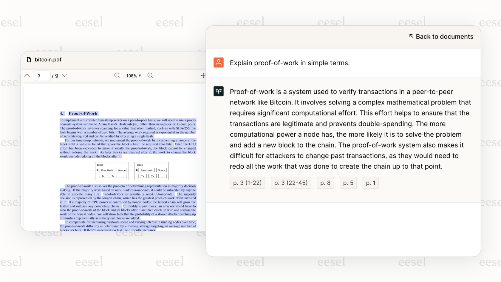 Screenshot of pdf.ai showing a document with highlighted AI-generated answers to queries.