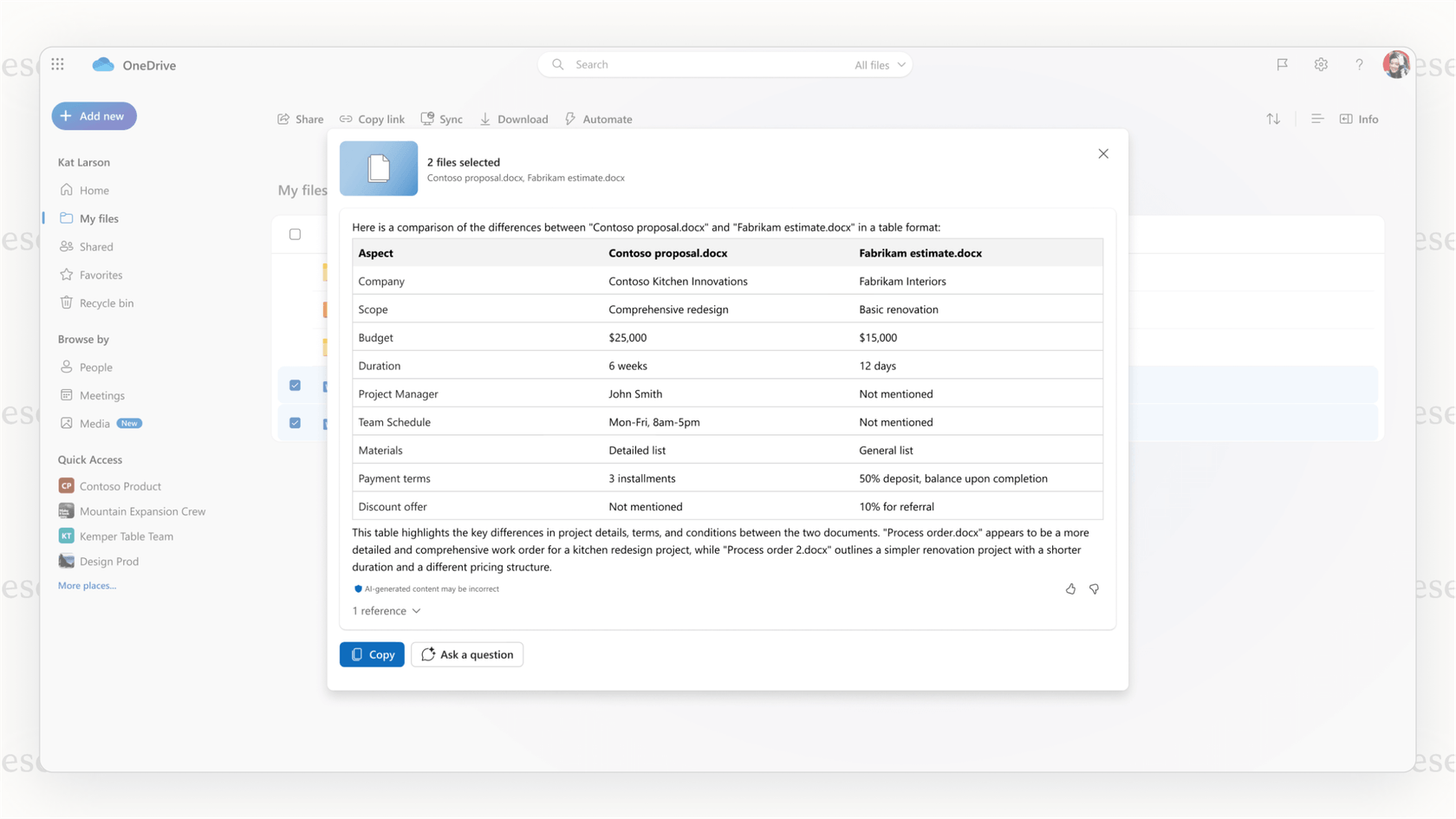 OneDrive AI comparing document versions.