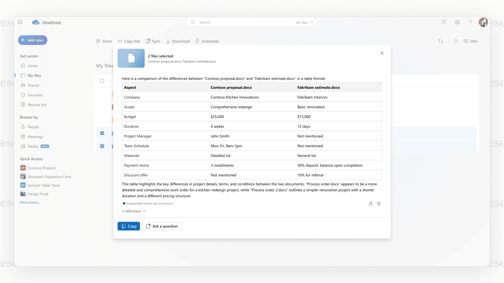 OneDrive AI comparing document versions.