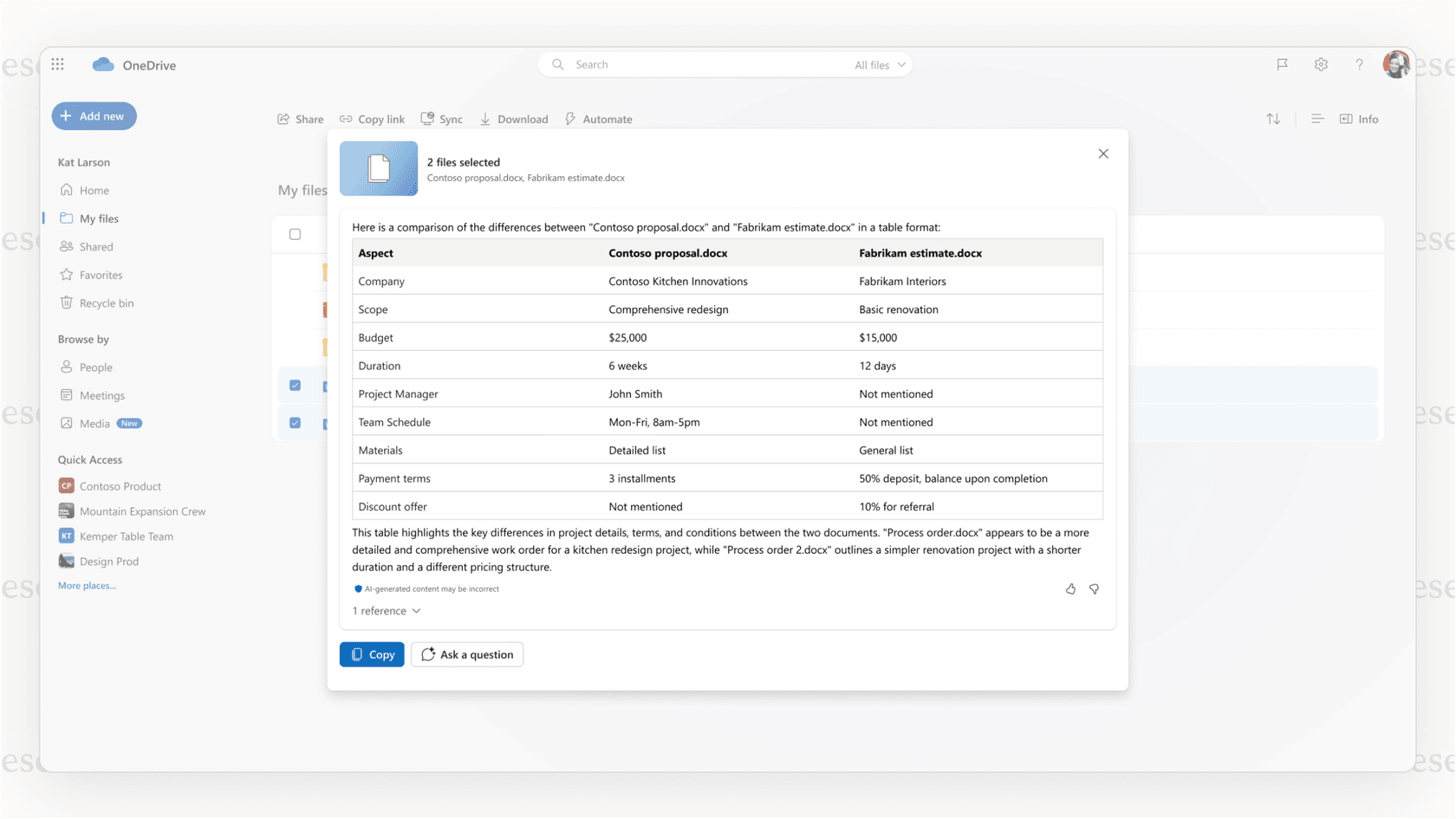 OneDrive AI file comparison feature.