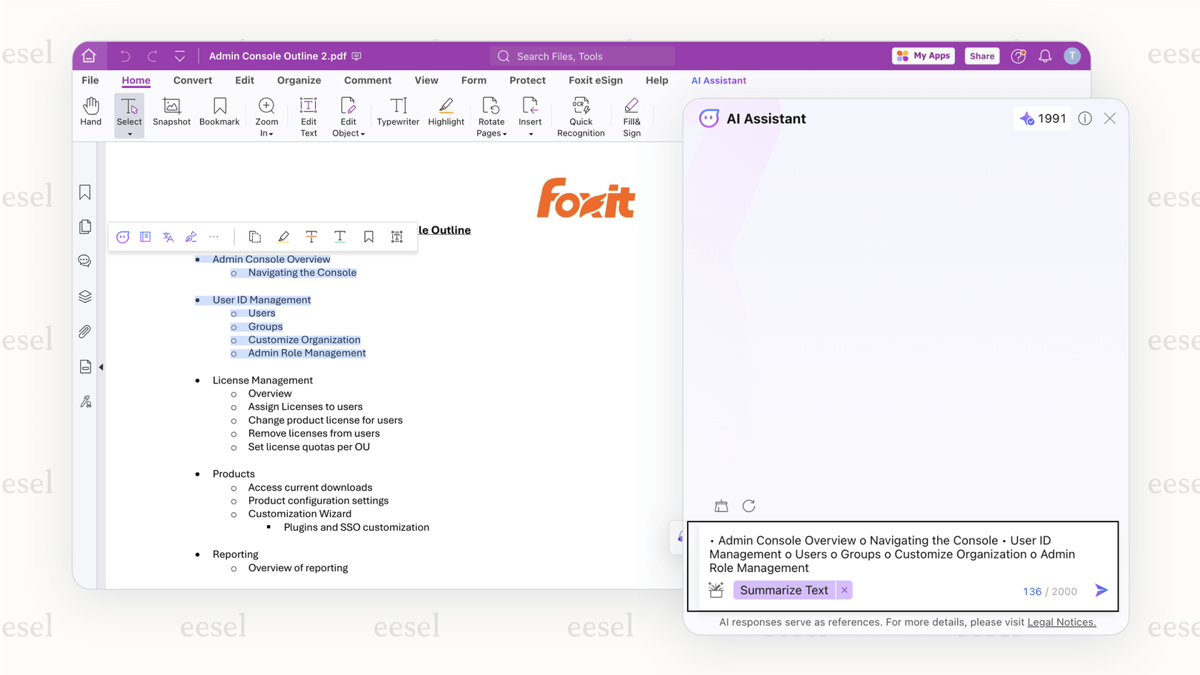 Screenshot of Foxit PDF editor featuring AI-powered assistance in the toolbar.