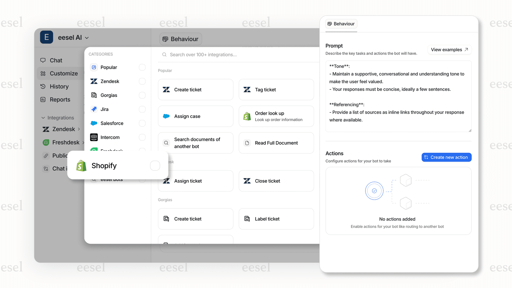 eesel AI dashboard showing Shopify AI tools integration and customer support automation
