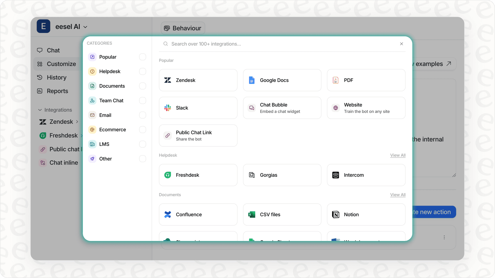 eesel AI Integrationen-Seite, die einfache Verbindungen zur Verbesserung der Lead-Generierung und Verkaufsautomatisierung zeigt.