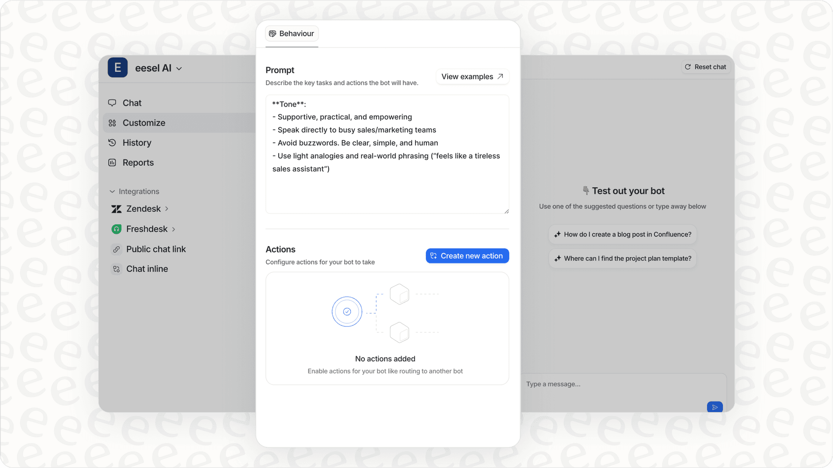 eesel AI-Konfigurationsschnittstelle zur Anpassung von Verhalten und Aktionen zur Steigerung der Lead-Generierung und Verkaufsautomatisierung.