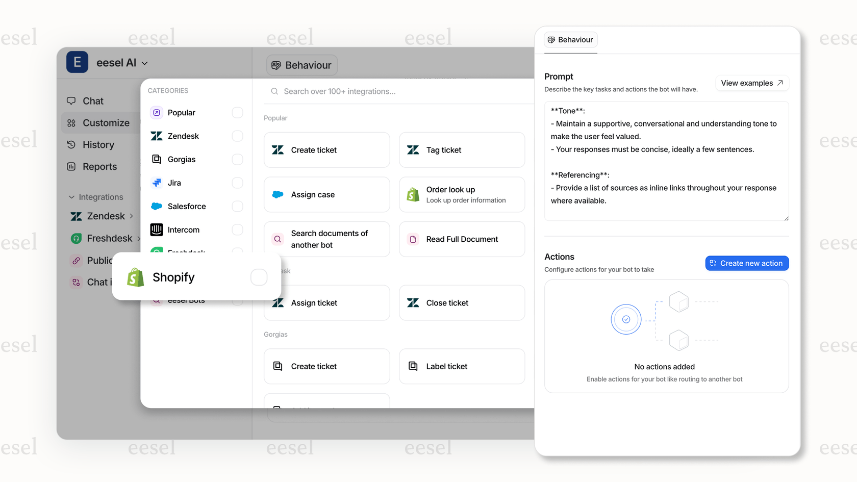 eesel AI dashboard and integrations for Shopify.