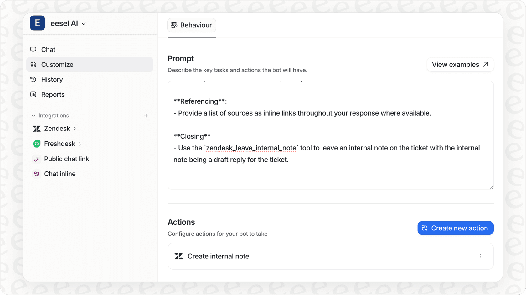 eesel AI Anpassungsfeld zeigt konfigurierte Eingabeaufforderungen.