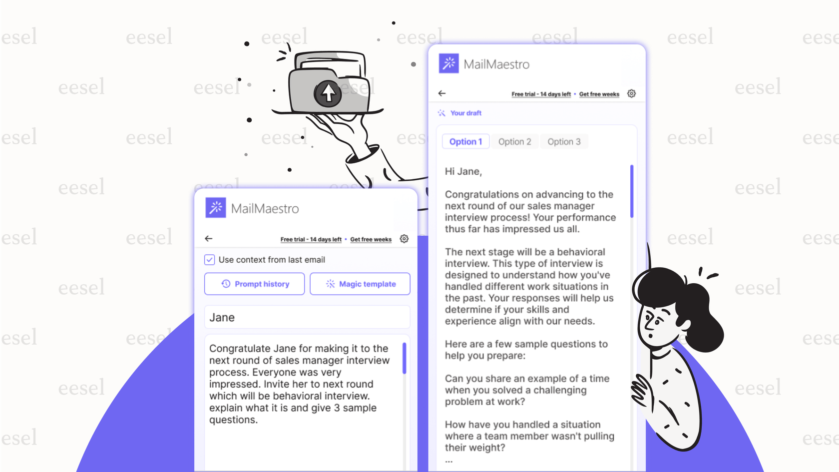 Screenshot of a Gmail AI plugin generating an email draft.