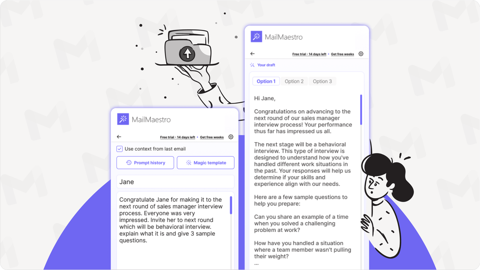 MailMaestro sidebar in Gmail creating a draft, example of a Gmail AI extension for smarter writing.
